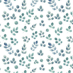 Little green leaves seamless pattern on white background - 450437815