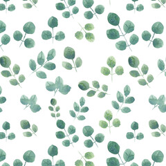 Little green leaves seamless pattern on white background - 450437876