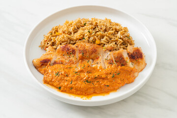 grilled chicken steak with red curry sauce and rice