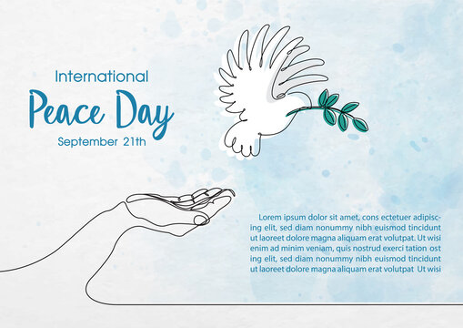 Hand draw and one line style in a peace dove with a human hand shape and the name of event lettering, example texts on blue watercolor and white paper pattern background.
