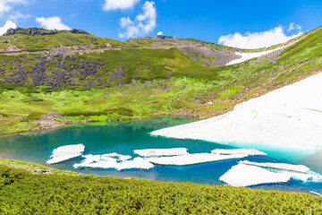 雪渓の残る夏の乗鞍岳で翠に輝く不消ヶ池を撮影（令和３年７月）