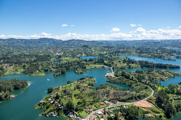 Amazing panoramic view of the hydroelectric reservoir and lakes of El Peñol de Guatape, in Medellin, Colombia.