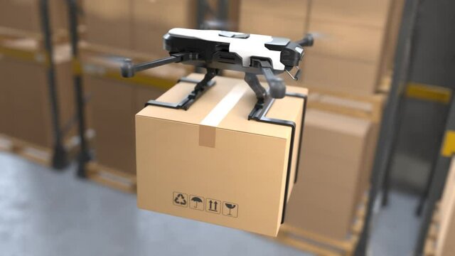 Delivery drone is flying in a warehouse