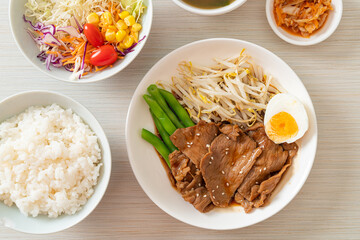 stir-fry Teriyaki Pork with sesame seeds ,mung bean sprouts, boiled egg and rice set