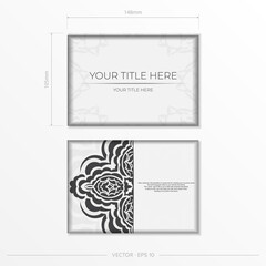 Luxurious Postcard Template White colors with Indian patterns. Vector Print-ready invitation design with mandala ornament.