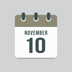 Icon day date 10 November, template calendar page