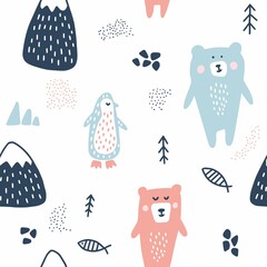 Children's vector pattern with funny bears and penguin scandinavian style