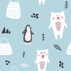Children's vector pattern with funny bears and penguin scandinavian style
