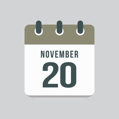 Icon day date 20 November, template calendar page