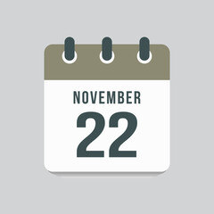 Icon day date 22 November, template calendar page