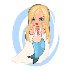 Little mermaid girl in beautiful clothes. Flirts. Handsome fashionable child. The isolated object on a white background. Vector illustration