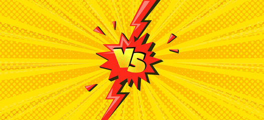 Superhero halftoned background with red lightning. Versus comic design with flash. Vector illustration backdrop