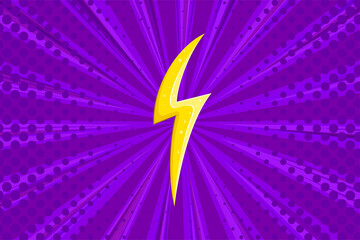 Superhero halftoned background with lightning. Purple comic design with yellow flash. Vector illustration backdrop