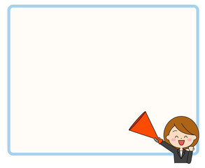 メガホンを持った手を挙げているスーツを着た女性