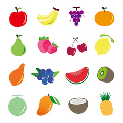 Vector Illustration of hand drawn fruit in white background,apple, banana, grape, orange,pear,strawberry,cherry,lemon,papaya,blue berry, watermelon,kiwi,mango,coconut,pineapple