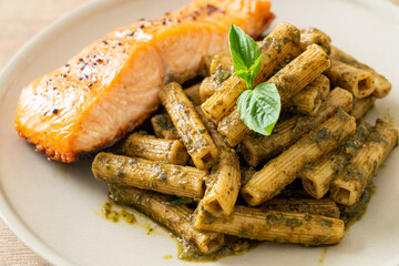 pesto quadrotto penne pasta with grilled salmon
