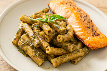 pesto quadrotto penne pasta with grilled salmon