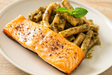pesto quadrotto penne pasta with grilled salmon