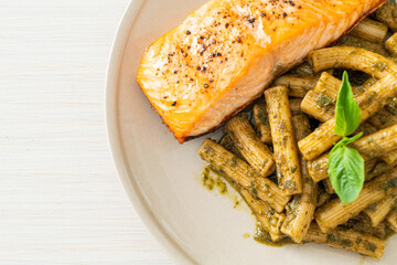 pesto quadrotto penne pasta with grilled salmon