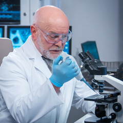 Professor works in a modern scientific laboratory using equipment and computer technologies. The scientist does research and develops new vaccines. Science and healthcare concept.