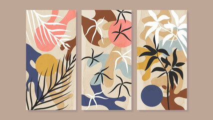 Mid century modern triptych prints wall art vector. Trio abstract art background with tropical leaves and flower. Watercolor wallpaper  design with organic shapes hand paint. 