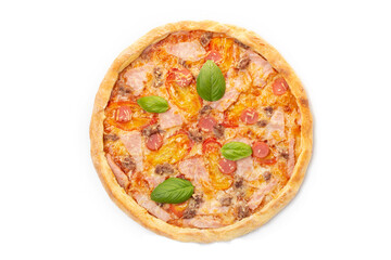 Italian meat pizza with tomatoes, three types of meat (sausages, bacon, minced meat), mozzarella cheese decorated with green basil leaves.