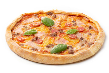 Italian meat pizza with tomatoes, three types of meat (sausages, bacon, minced meat), mozzarella cheese decorated with green basil leaves.