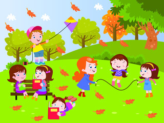 Obraz na płótnie Canvas Happy cute children playing on green grass landscape in autumn 2d cartoon vector illustration
