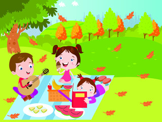 Obraz na płótnie Canvas Happy cute children having a picnic at city park in autumn 2d cartoon vector illustration