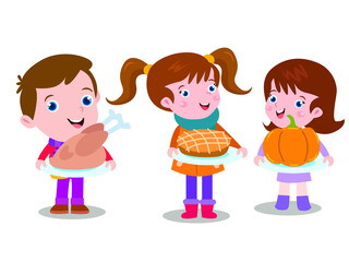 Cute happy children with plate full of Thanksgiving food 2d cartoon vector illustration