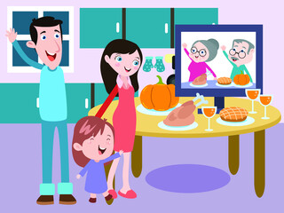 Happy family having a holiday turkey dinner with grandparents via video chat 2d cartoon vector illustration
