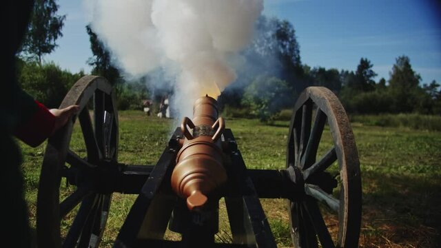 Classic war cannon of Napoleon times firing a bullet