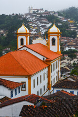 Baroque churches on an outlying district of hilly, steep and historic Ouro Preto town, Minas Gerais state, Brazil