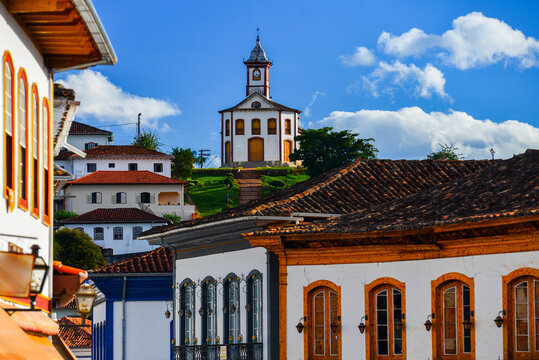 A street view of the historic small town of Serro, a remote colonial gem near Diamantina, Minas Gerais, Brazil
