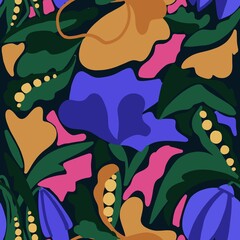 Abstract seamless pattern on a dark background of leaves, flowers, elements of nature. For packaging, website, fabric, wallpaper, textiles
