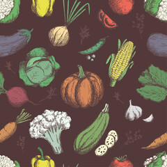 Freehand drawing vegetables. Vegetables seamless pattern. Linear graphic. Vegetables background. scatch style. Healthy food pattern. Vector illustration