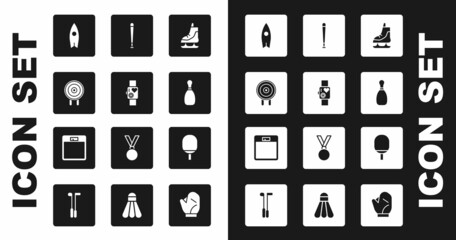 Set Skates, Smart watch showing heart beat rate, Target sport, Surfboard, Bowling pin, Baseball bat, Racket for playing table tennis and Bathroom scales icon. Vector