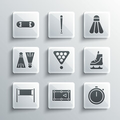 Set Billiard table, Stopwatch, Skates, balls in rack triangle, Volleyball net, Rubber flippers for swimming, Skateboard trick and Badminton shuttlecock icon. Vector