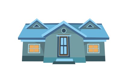 Little cartoon house with glowing windows. Night twilight. Cozy rustic dwelling in a traditional European style. Nice dark home. Isolated on white background. Vector