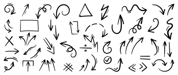Arrow  vector set.  Arrows with grunge brush texture. Watercolor brush. Dirty artistic design elements  Isolated on white background. Vector illustration.