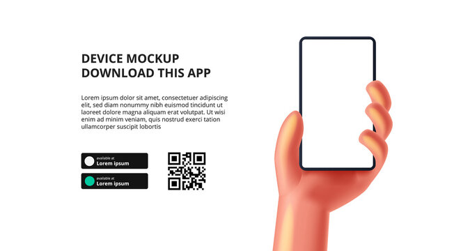 landing page banner advertising for downloading app for mobile phone, cute 3D hand holding smartphone device mockup. Download buttons with scan qr code template.