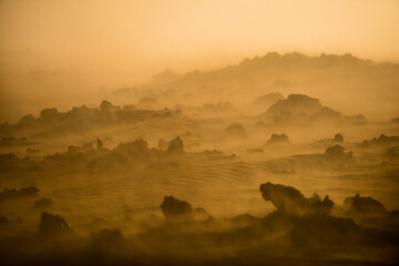 The otherworldy desert landscape of the Central Highlands during a sandstorm on the way to the 2014 Bardarbunga eruption at the Holuhraun volcanic fissures, Iceland