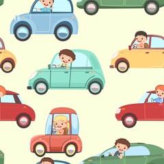 Children drive cars. Seamless cartoon pattern. Kids motorists. Close up,Childrens background illustration. Various automobiles. Toy vehicle, motor. Car and truck auto. Vector