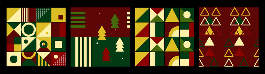 Set of Christmas seamless pattern decorated with Geometric shapes, trees. Colorful pattern stylish concept for wrapping, fabric, wallpaper, print, textile.  Retro style. Vector illustration.