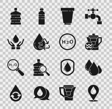 Set Water drop with location, jug filter, cartridge, Recycle clean aqua, Washing hands soap, Big bottle water and Chemical formula for H2O icon. Vector