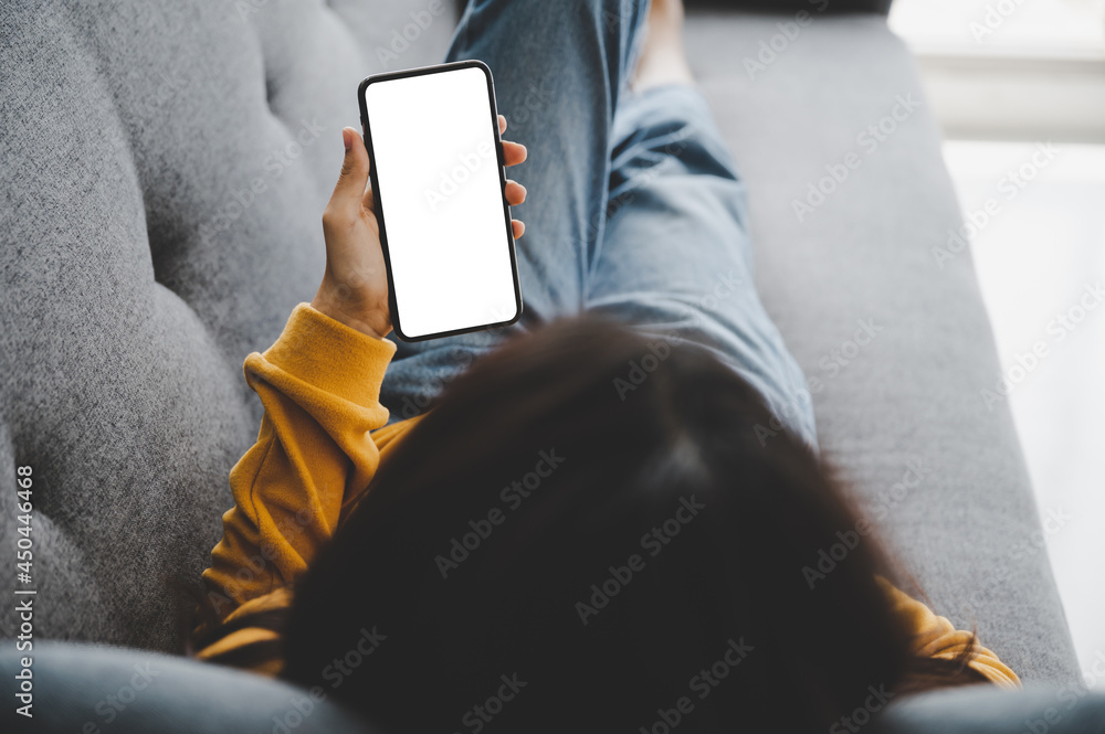 Poster woman using mobile smartphone and device white screen empty space smart phone, clipping path include