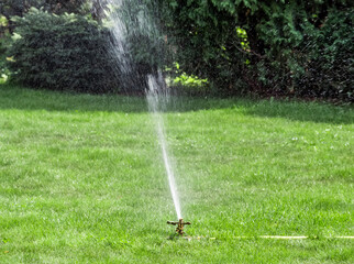 Splashes of water during watering in the background of green grass.