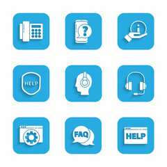 Set Support operator in touch, Speech bubble with FAQ, Browser help, Headphones, setting, Shield text Help, Information and Telephone icon. Vector