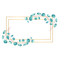 Golden rectangular frame framed by green eucalyptus leaves on a white isolated background. Watercolor illustration