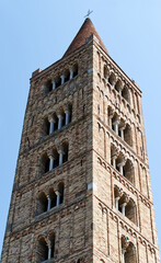 Romanesque bell tower of Pomposa Abbey (Abbazia di Pomposa) located in Codigoro, Ferrara. The Pomposa Abbey is one of the most important medieval Abbey in northern Italy.